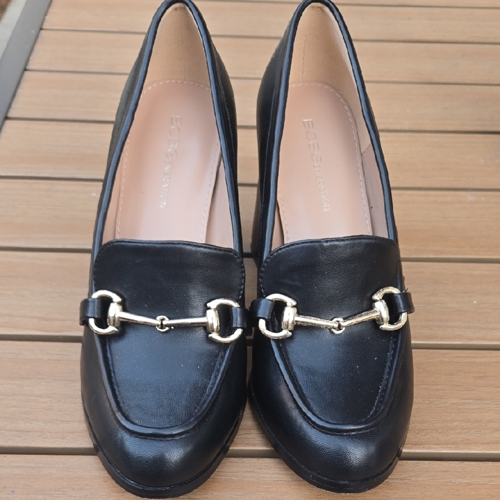 BCBGeneration Black Leather Loafers with Gold Accent